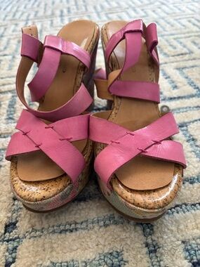 Women's Pink Leather Wedge Sandals with bridal design on wedge heel